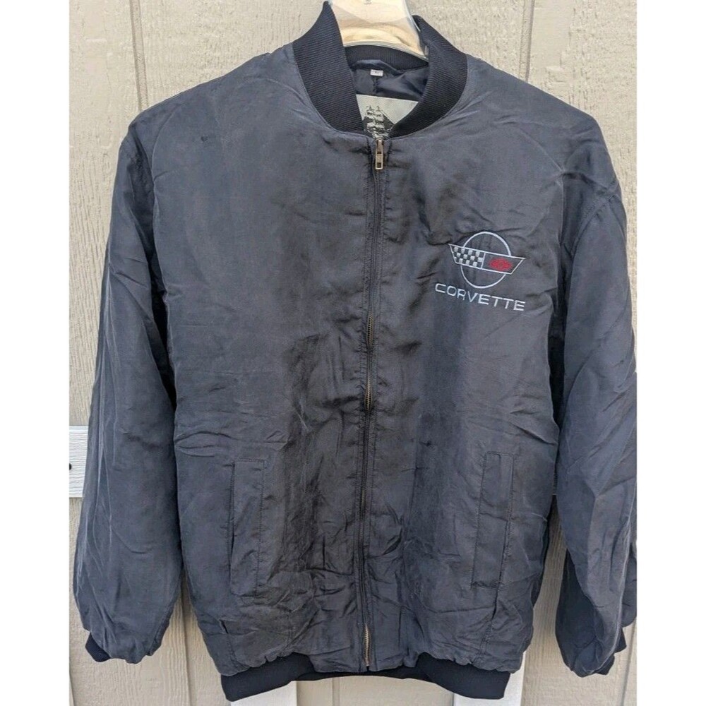 Corvette Size M 100% Silk Black Jacket Zip-Up VTG BURKS BAY Pockets Vintage